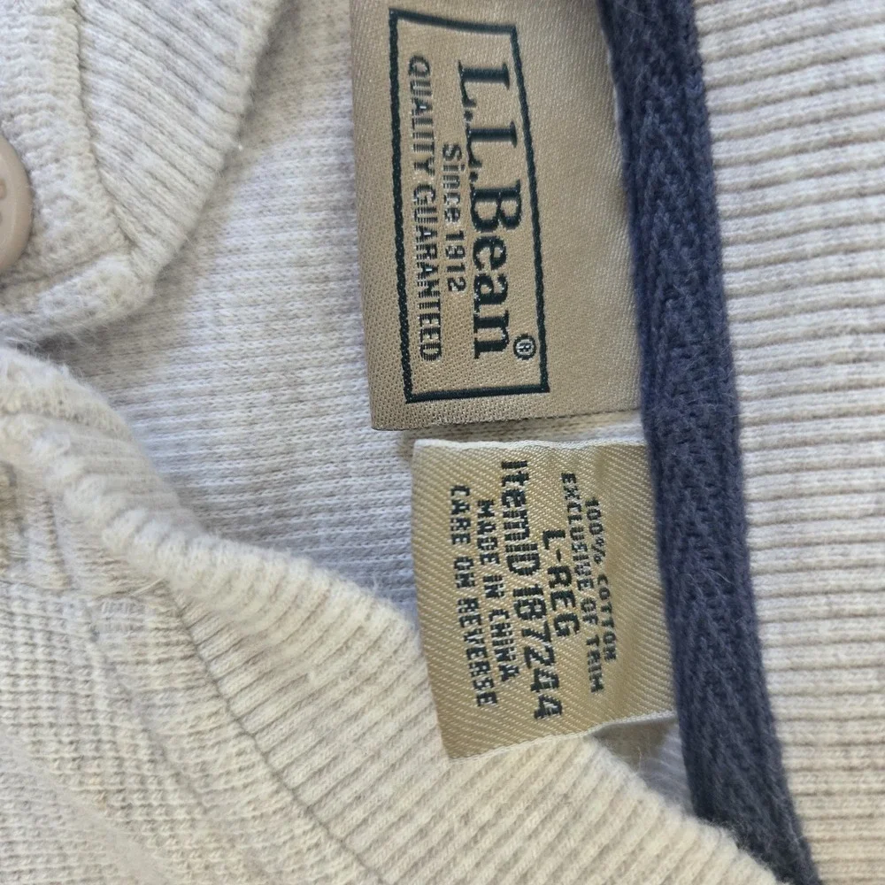 LL Bean Mens Large Beige Cotton Thermal  Long Sleeve Henley Shirt Waffle Knit